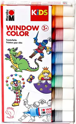 Produktbild von Marabu Kids Window Color Set mit 10 x 25 ml Farbe und Malvorlage A4 mit 18 Motiven, Fenstermalfarbe auf Wasserbasis, geeignet für Glas, Spiegel, Fliesen und Folie