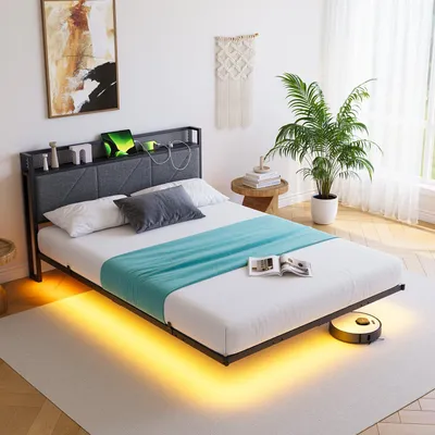 Schwebebett 120x200 cm mit LED, USB, Stauraum, dunkelgrau