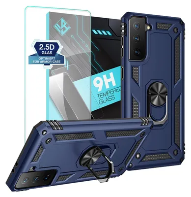 A product shot of a blue phone case and screen protector.