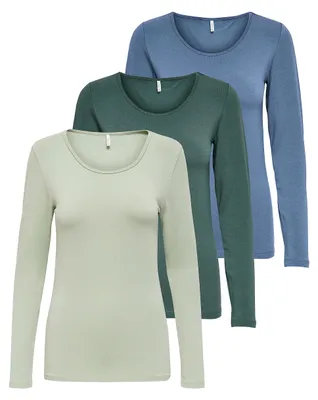 Produktbild von ONLY Damen Onllive Love LS O-Neck TOP 3-Pack, Desert Sage/Balsam Green/China Blu