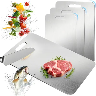 Produktbild von 3-teiliges Schneidebrett-Set aus Titan, Schneidebrett aus Edelstahl und Titan, doppelseitiges, lebensmittelechtes Schneidebrett für Fleisch, Brot, Gemüse und Obst