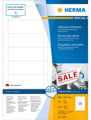 Obrázok produktu pre HERMA Special - papier - matný - samolepiaci, odstrániteľné lepidlo - biely - 88,9 x 33,8 mm 1600 štítkov (100 listov x 16)