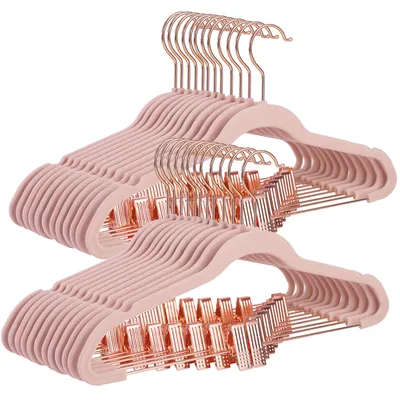 Produktbild von SONGMICS Samt-Kleiderbügel, 24er Set, 42,5 cm Hosenbügel mit verstellbaren Clips in Roségold, gut belastbar, Anti-Rutsch, platzsparend, für Hosen, Röcke, Jacken, Kleider, hellrosa CRF14PK24