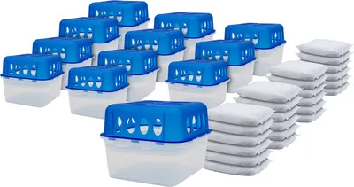 A group of dehumidifier boxes and refill packets arranged on a white background.