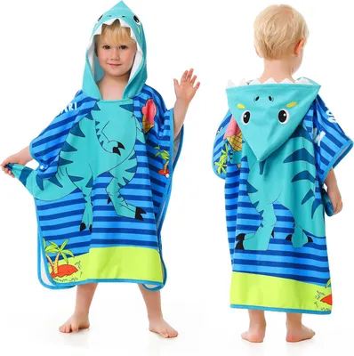 Productafbeelding van Kinderbadjas van microvezel, dinosaurusmotief, maat S, met capuchon, geschikt voor strand en zwembad