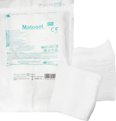 Immagine prodotto di Compressa sterile 10x20 in garza, 8 strati, 17 fili, confezione Matoset, 10 pezzi in blister