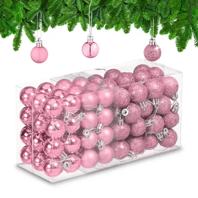 Produktbild von Relaxdays Weihnachtskugeln im 96er Set, glitzernde, matte & glänzende Baumkugeln, Weihnachtsbaumdeko, Kunststoff, rosa