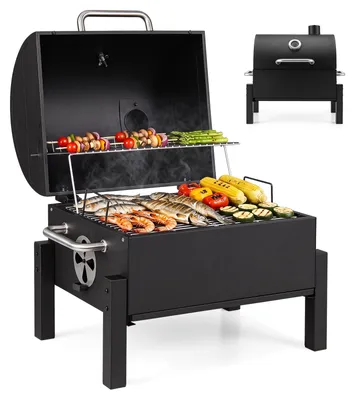Image de Barbecue portable au charbon de Costway, mini-barbecue avec couvercle, 2 grilles, poignées et thermomètre, barbecue de table pliable et compact, barbecue en métal pour camping