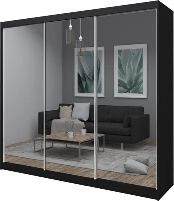 Produktbild von 240 cm Kleiderschrank Darix mit Spiegel inklusive 3 Schiebetüren Schwebetürenschrank (Farbe: schwarz)