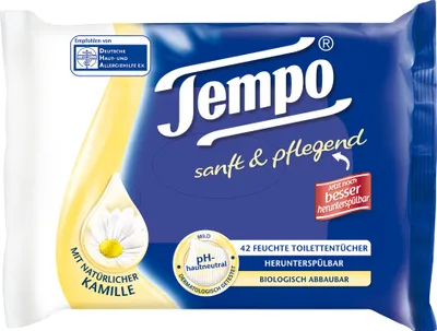 Immagine prodotto di Tempo moist toilet tissues gentle & caring con camomilla in pile bianco 42 pezzi