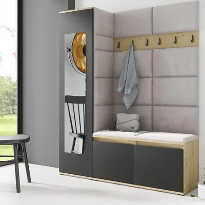 Produktbild von Garderoben-Set LINDA – Kleiderschrank mit Polsterplatten, Schuhschrank und Schrankaufsatz, für Flur und Eingangsbereich (Artisan/Schwarz, Trinity 01)