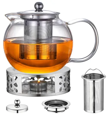 Teekanne mit Stövchen 1300 ml Borosilikatglas Edelstahlsieb