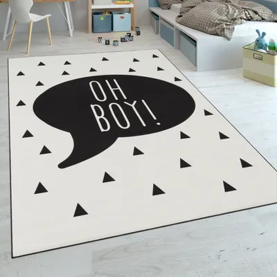 Image de Tapis pour enfants Chambre d'enfants Garçons Tapis bébé Slogan Tendance Noir Blanc Dimension 140x200 cm