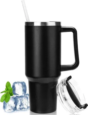Obrázek produktu pro Dvoustěnný ocelový hrnek s uchem a držákem, hrnek na kávu s víkem do auta a do kanceláře, na horkou i studenou kávu, vodu a čaj, bez BPA, 1 180 ml, černý