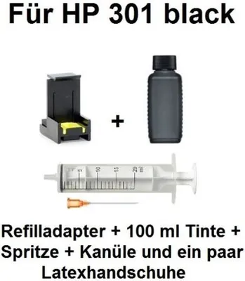 Produktbild von Befülladapter + 100 ml INK-MATE Refill-Tinte black für HP 301 black + 301 black XL Mit diesem Adapter befüllen Sie Ihre Patrone mit wenigen Handgriffen in nur wenigen Minuten selbst.  Für DeskJet 1000, DeskJet 1010, DeskJet 1050, DeskJet 1050 a, DeskJet 1055, DeskJet 1510, DeskJet 1514, DeskJet 2000, DeskJet 2050, DeskJet 2050 a, DeskJet 2050 s, DeskJet 2050 Series, DeskJet 2054 a, DeskJet 2510, DeskJet 2512, DeskJet 2514, DeskJet 2540, DeskJet 2541, DeskJet 2542, DeskJet 2543, DeskJet 2544, DeskJet 2545, D
