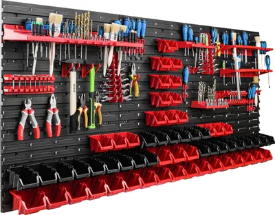 Produktbild von Lagersystem Werkstattregal | 172 x 78 cm | 60 stck. Box | Wandregal mit Werkzeughalterungen und Stapelboxen - Wandplatten Extra Starke Schüttenregal Warkzeuglochwand Lagerregal Garage Regal