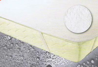 A close-up view of a mattress protector, showing its texture and water-repellent properties.