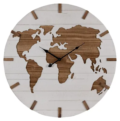 Productafbeelding van Clayre & Eef Wandklok, diameter 60 cm, wit en bruin, MDF, wereldkaart