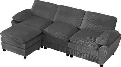 Produktbild von AIORBER Modernes modulares L-Sofa mit Ottoman, Cord, 3-Sitzer Kombi-Sofa, abnehmbarer Hocker, bequem, flexibel für Wohnzimmer, Dunkelgrau
