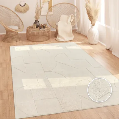 Image de Tapis de salon à poils longs motif skandi optique boho uni optique 3D abstrait crème Dimension 80x150 cm
