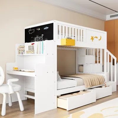 Produktbild von Kinder Etagenbett 90x200cm aus Kiefernholz in Weiß mit Schreibtisch, Sicherheitstreppe und 2 Schubladen für das Kinderzimmer