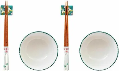 Zdjęcie produktu dla Zestaw do sushi Famanu, 6 elementów, wykonany z porcelany i drewna - 25 x 25 x 6,5 cm - kolor zielony