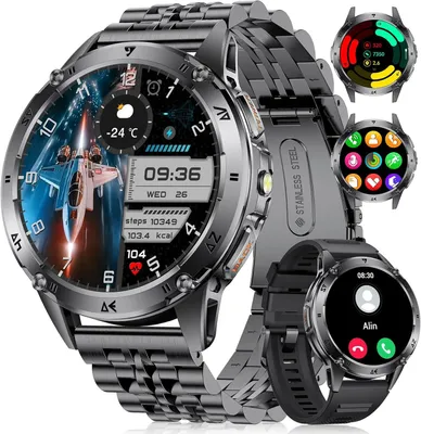 Produktbild von FITFLEX Smartwatch Herren Militär mit Telefonfunktion, 1,43'' AMOLED Smart Watch mit 530mAh Akku, Taschenlampe, Herzfrequenz, Schlafmonitor, 120+Sportmodi IP68 Wasserdicht Sportuhr für Android iOS