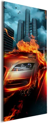 Produktbild von Wallario Premium Leinwandbild Brennendes  fahrendes Auto in Größe 60 x 150 cm