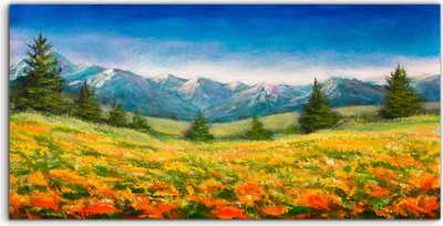 Produktbild von Coloray Glasbild 140x70  Wandbild Glasbilder Blumen auf dem Bergfeld Landschaft