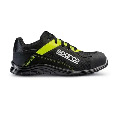 A side view of a black and yellow Sparco safety shoe against a white background.