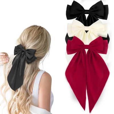 Image de Lot de 3 barrettes en satin pour femmes, comprenant une grande barrette, une barrette française en tissu et une barrette élégante pour femmes et filles (noir, rouge, beige)