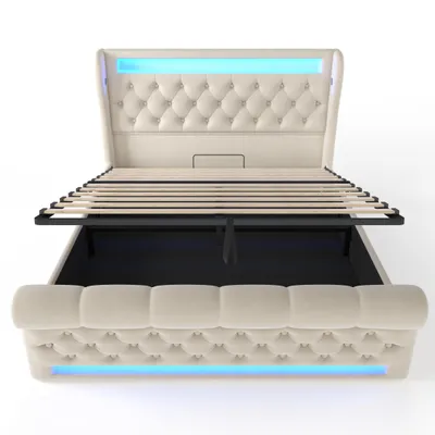 Produktbild von Flieks Hydraulisches Polsterbett 160x200cm mit USB und Typ-C, Jugendbett Doppelbett mit Led,  Stauraumbett Kinderbett mit Lattenrost, Samt, Beige
