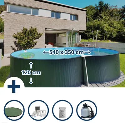 Produktbild von Stahlwandpool Set (5-teilig) achtform 540 x 350 x 120 cm, Stahl 0,4 mm anthrazit Folie 0,4 mm blau