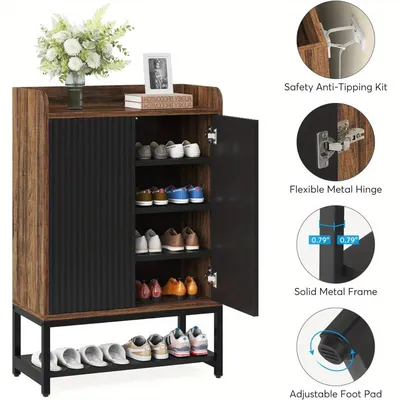Image de Armoire à chaussures - Avec portes - 5 étagères - Meuble d'entrée - Noir et marron