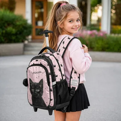 Immagine prodotto di Zaino a rotelle per la scuola con gattino, zaino trolley, zaino a rotelle, zaino per bambine