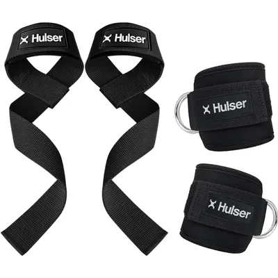 Produktbild von Hulser Sportliches Bundle – 2 Ankle Straps & 2 Lifting Straps – Schwarz – Fußschlaufen – Handgelenk Straps – Gym Lifting Grips – Krafttraining