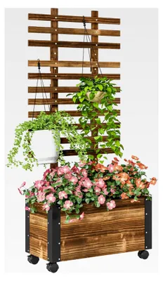 Produktbild von Hochbeet mit Rankgitter, Pflanzkübel aus Holz, Gemüsebeet mit Rollen, Rankhilfe, Gartenspalier 65x31x147cm für Kletterpflanzen und Blumen