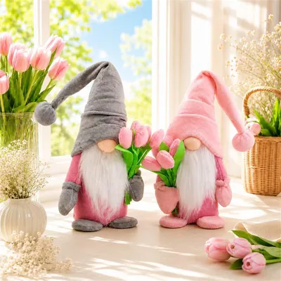 Produktbild von Frühling Wichtel Figuren - Mit Tulpen Blumensträußen - Dekoration - 2 Stück