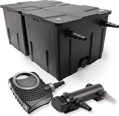 Zdjęcie produktu dla Kompletny zestaw SunSun: filtr do oczka wodnego CBF-350B do 60000 l jako filtr przepływowy, pompa do oczka wodnego CTF-8000 SuperECO 8000 l/h 70 W, odstojnik do oczka wodnego CUV-318 z odstojnikiem UVC o mocy 18 W