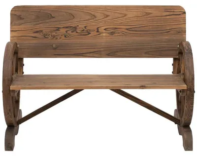 Immagine prodotto di Panca da giardino rustica in legno con braccioli a forma di ruota di carro | Colore: marrone scuro | Dimensioni: 58x114x80 cm
