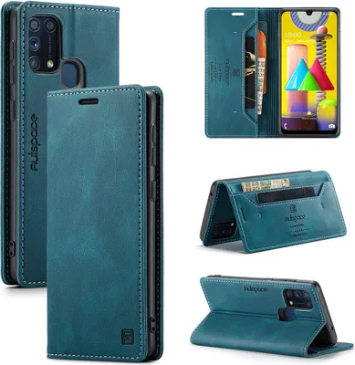 Produktbild von Galaxy M31 Brieftasche Hülle, Retro Kunstledertasche Stand Schutzhülle für Samsung Galaxy M31 Blau