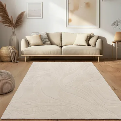 Image de Tapis de salon Skandi Japandi Boho Motif abstrait 3D Uni Crème Dimension 200x280 cm