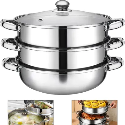 Produktbild von Dreistöckiger Edelstahl Dampfgarer 32 cm Topf, Dampfgarbehälter,Gardampfkochtopf