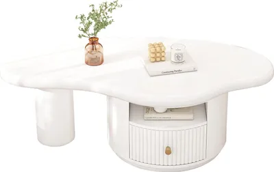 Produktbild von Couchtisch Unregelmaessiger Couchtisch in Wolkenform mit Schubladen Weiss MDF-Tischplatte Multifunktionaler Aufbewahrungstisch Schreibtisch Beistelltisch