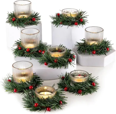 Productafbeelding van Theelicht Kaarshouders - Glazen Votief Set - Tafel Decoratie - Met Krans Decoratie - Set Van 8 - Helder