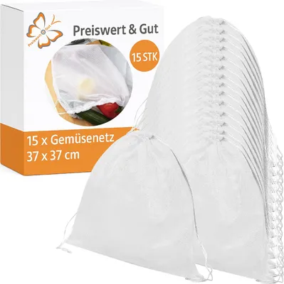 Produktbild von 15x Gemüsebeutel Netzbeutel 37 x 37 cm aus Polyester weiß waschbar mit Kordelzug atmungsaktiv wiederverwendbar