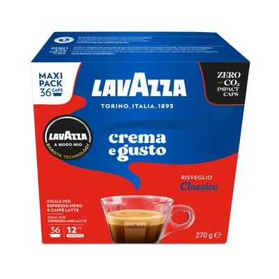 A box of Lavazza A Modo Mio Crema e Gusto coffee capsules.