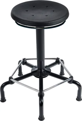 Produktbild von Drehhocker Atlanta | Sitzhöhe 56-75cm | Ø 63cm | Tragfähigkeit 110kg | Polyurethane-Sitz | Kunststof-Fußkreuz mit Gleiter & Fußstütze | Ringauslösung | Schwarz