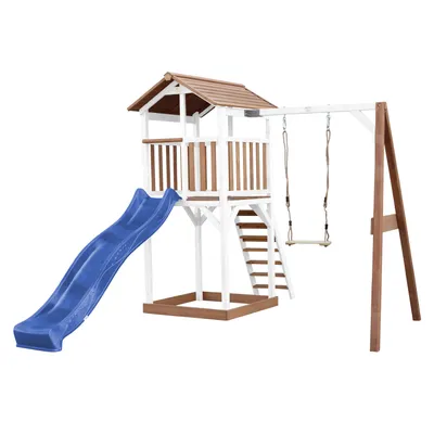 Produktbild von AXI Beach Tower Spielturm aus Holz in Braun & Weiß | Spielhaus für Kinder mit blauer Rutsche, Schaukel und Sandkasten | Stelzenhaus für den Garten
