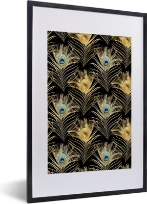 Produktbild von MuchoWow® Gerahmtes Poster Muster - Pfauenfedern - Gold 40x60 cm - Poster mit Schwarzem Bilderrahmen Wandposter Rahmen Foto Bilder - Poster in Rahmen